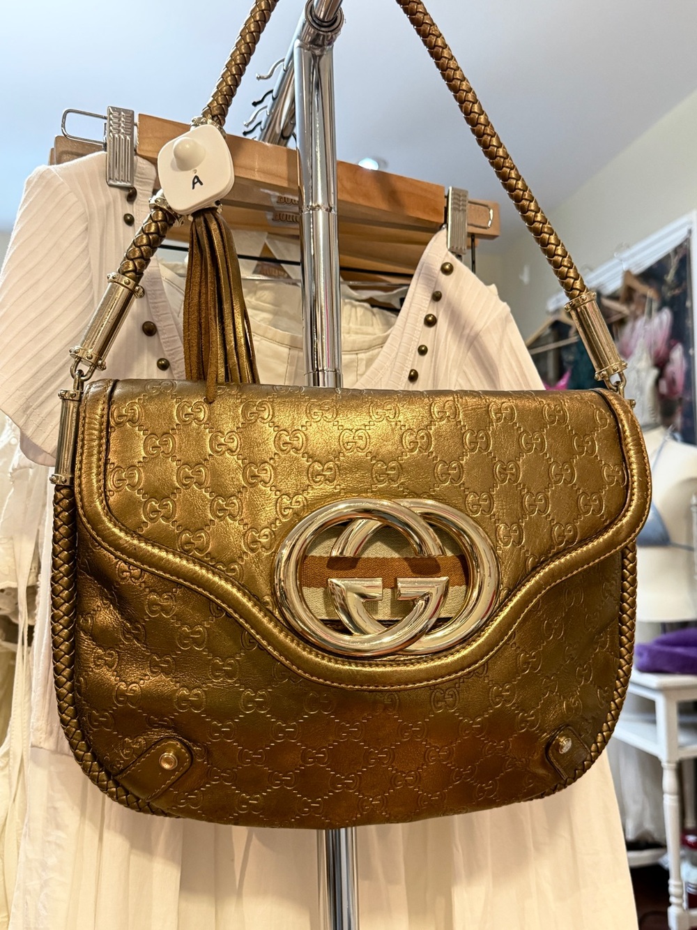 Gucci Gold GG Embossed Braided-Handle Shoulder Bag